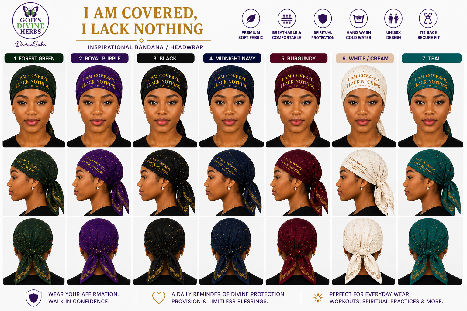 I Am Covered, I Lack Nothing Inspirational Bandana / Headwrap